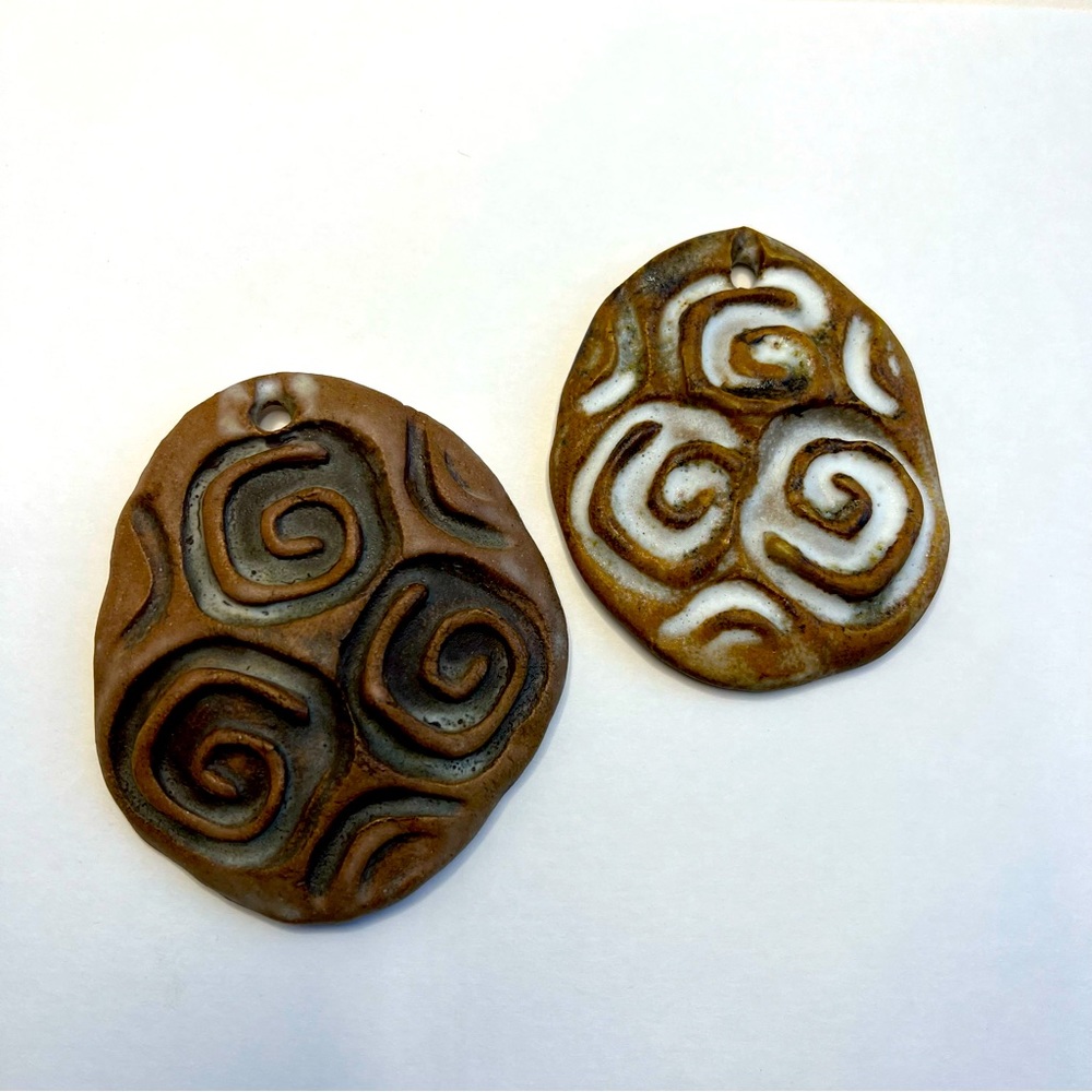 2 Large Vintage Ceramic Swirl Necklace Pendants